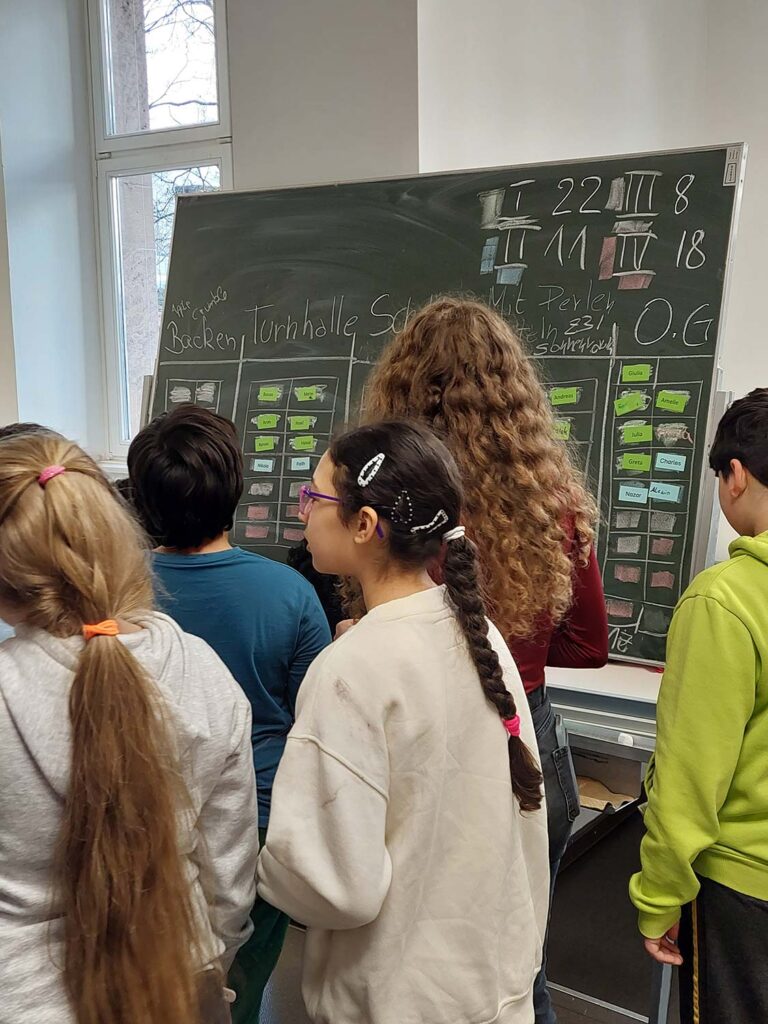 Das Foto zeigt eine Tafel mit Abschnitten und bunten Namenskärtchen, davor stehen Kinder und eine Betreuungskraft, die die Einteilung organisiert