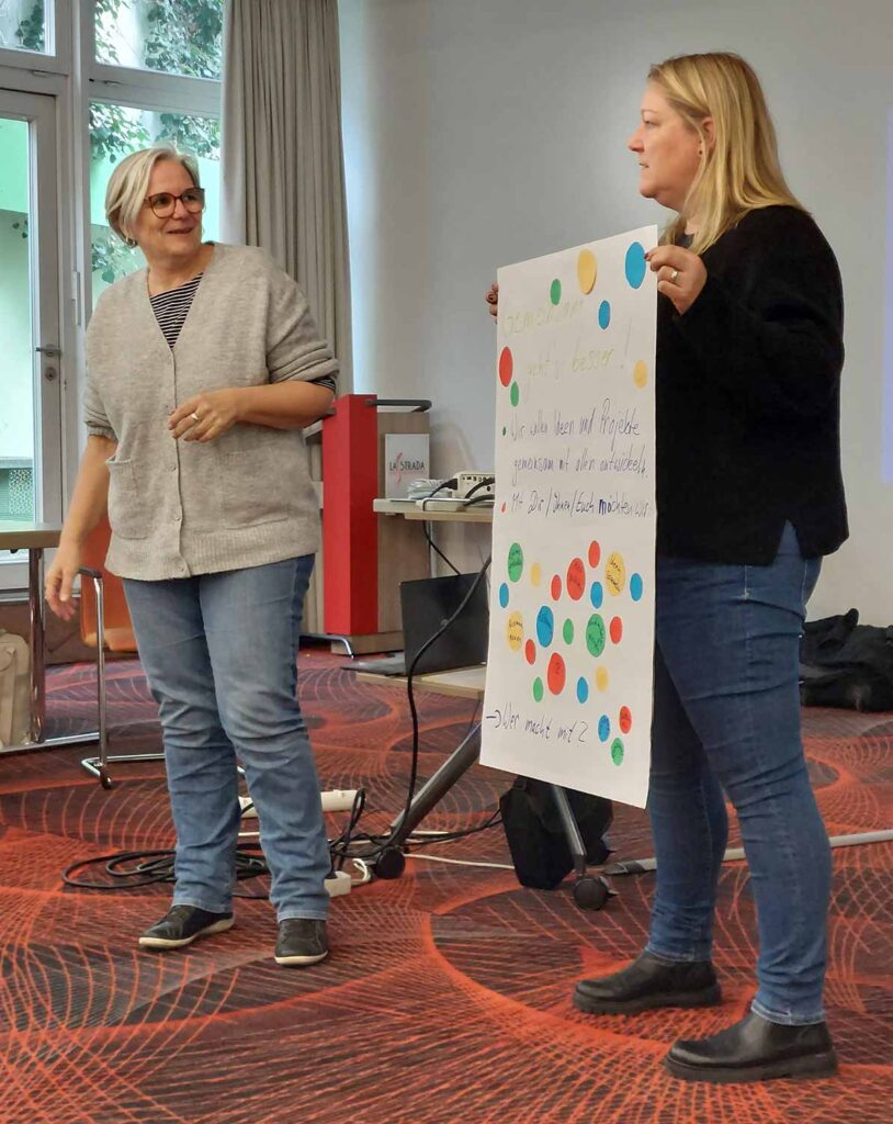 Zu sehen sind zwei Frauen in einem Schulungsraum des Hotels, links Susanne Herberg und rechts Bernadette Rößler. Bernadette hält ein Plakat mit bunten Punkten hoch und erklärt das Leitbild den anderen Teilnehmer*innen der Schulung.