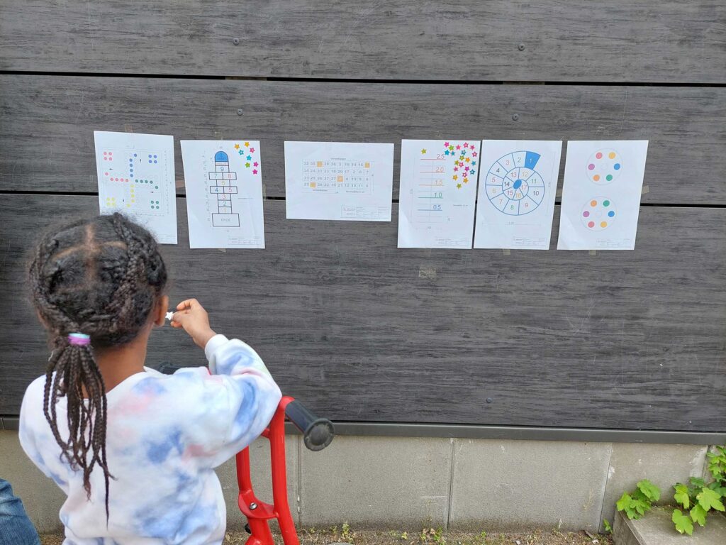 Ein Mädchen steht mit dem Rücken zu uns vor einer Wand, an der 6 Blätter mit Vorlagen für die Spiele hängen. Sie überlegt, wo sie ihren Punkt zur Abstimmung hin kleben soll.