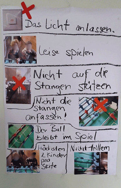 Das Foto zeigt ein Plakat mit Regeln, die durch Fotos veranschaulicht werden, wie z.B. leise spielen, nicht trillern usw.